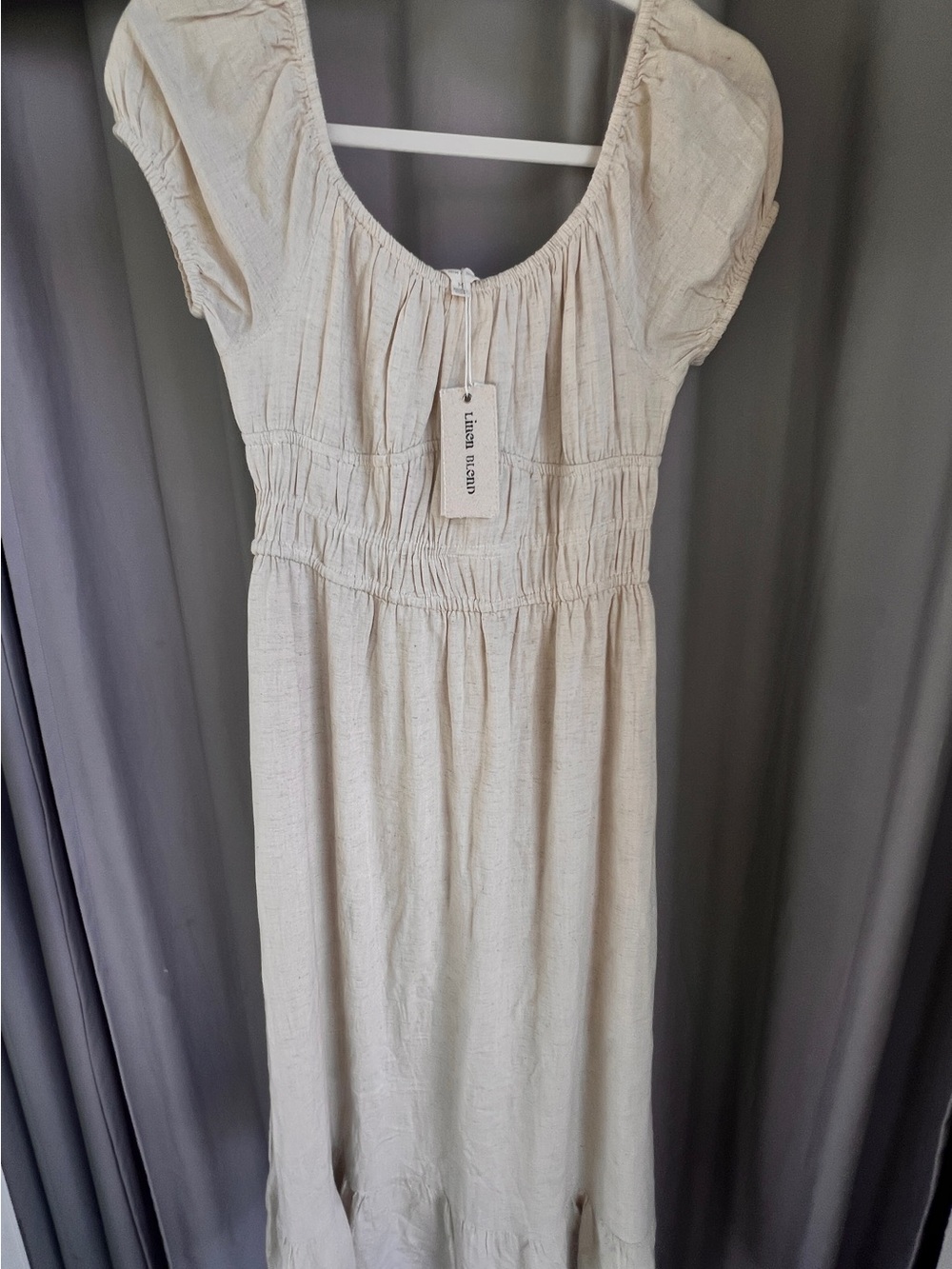Linen-Blend Cream Maxi Dress with Smocked Waist - Women's